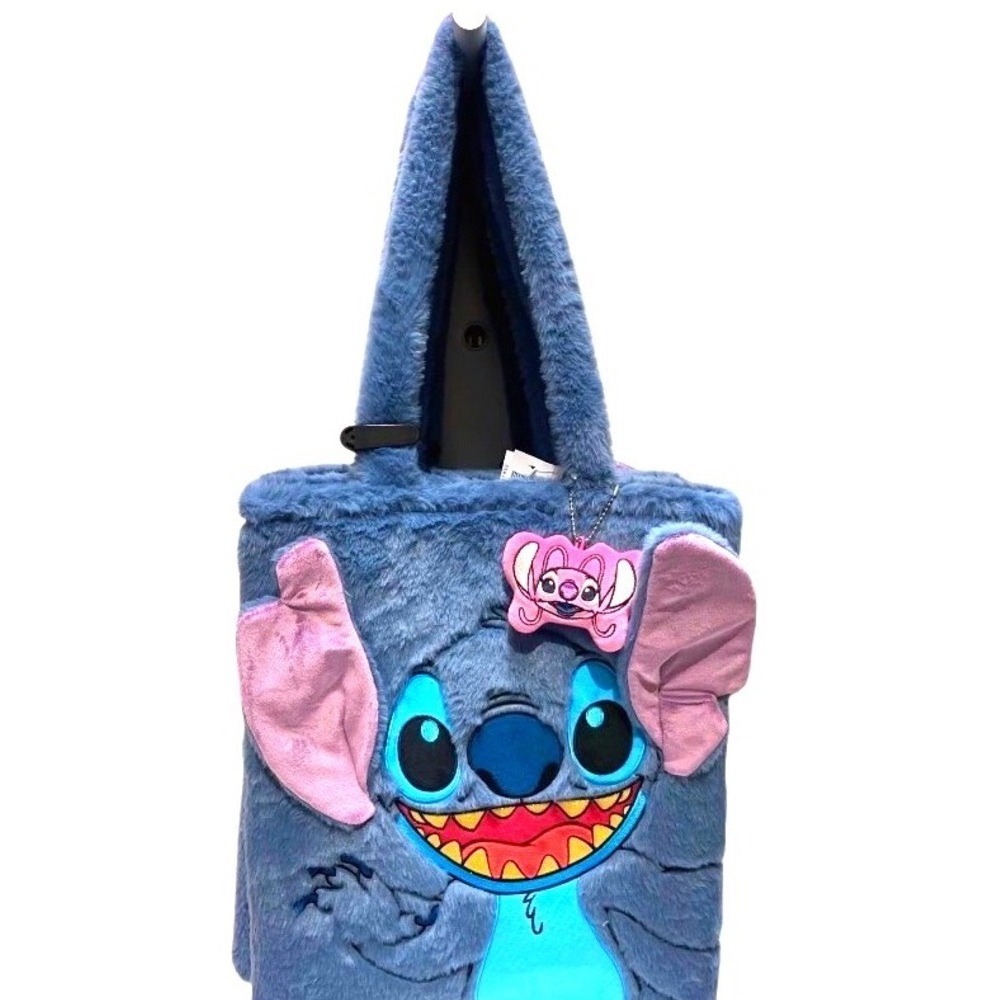Disney Stitch Faux Fur‎ Tote Bag Charm Accessory Blue NWT